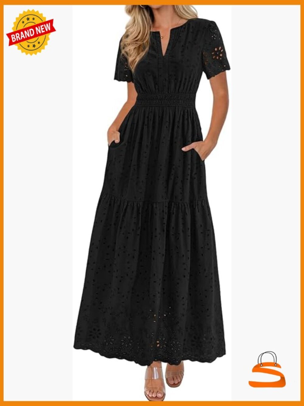Short Sleeve V Neck Cotton Hollow Out A Line Beach Vacation Maxi Dress with